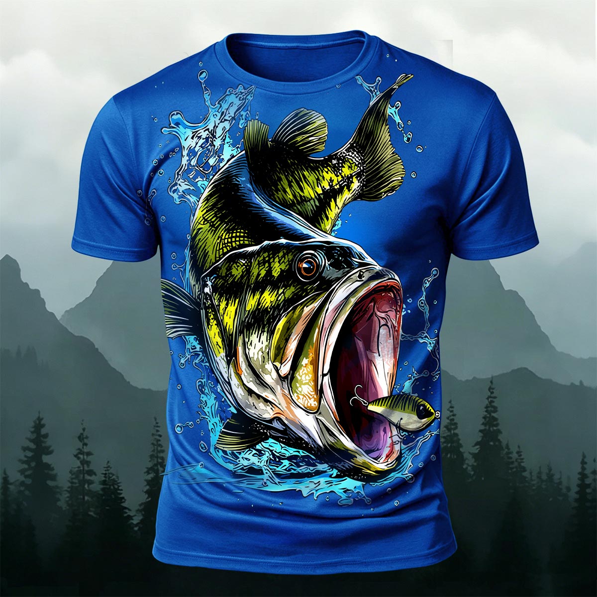 Black Fish Pattern Casual Graffiti Polyester T-Shirt Blue