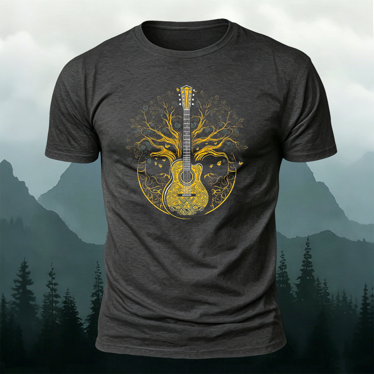 Guitar God Tree Trend-Print Casual Cotton T-Shirt