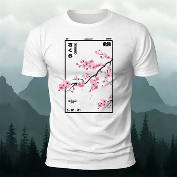 Cotton Ukiyo-e Print Cherry Blossom Kanji Casual Tee
