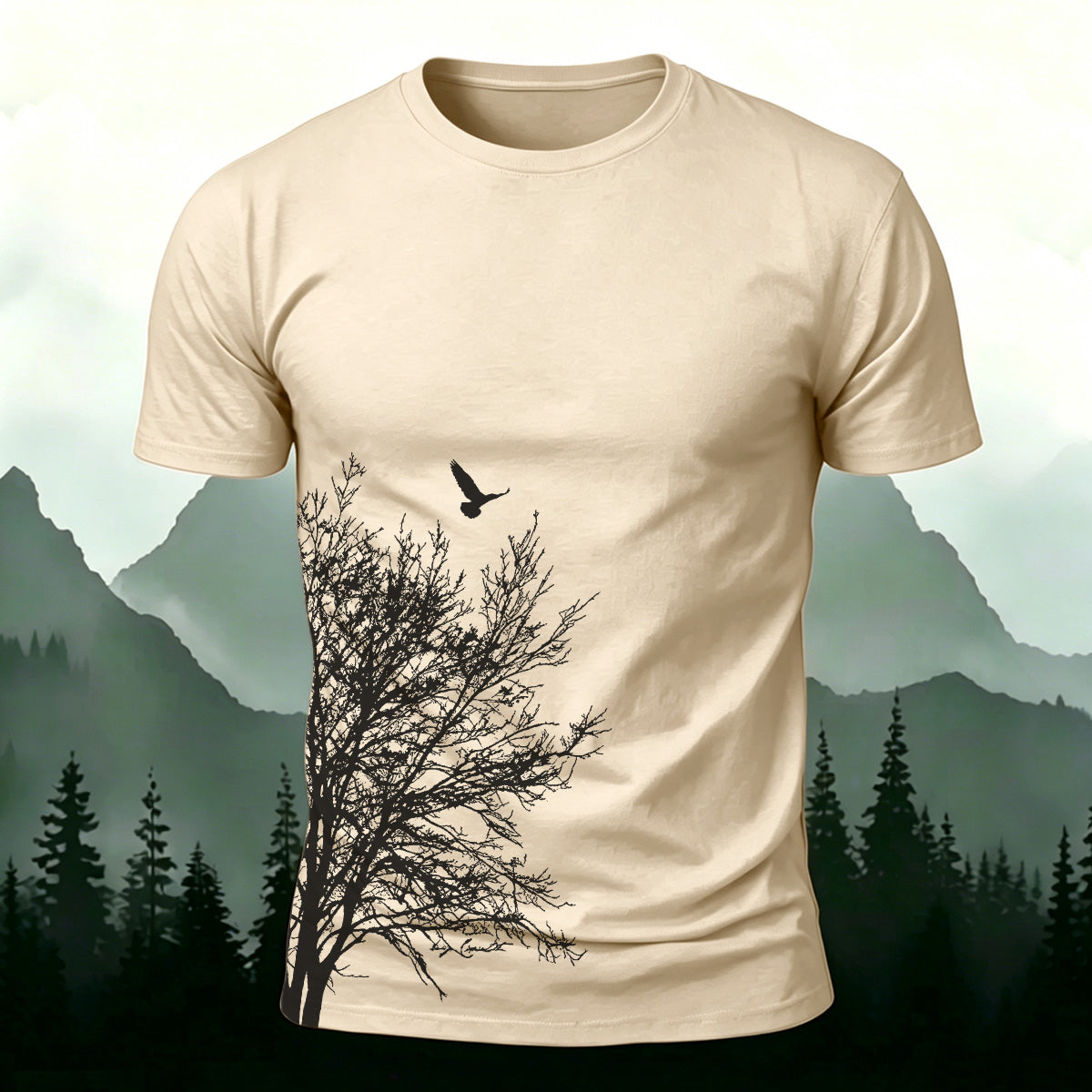 Minimalist  Tree Pattern Natural Style Casual T-Shirt  Beige