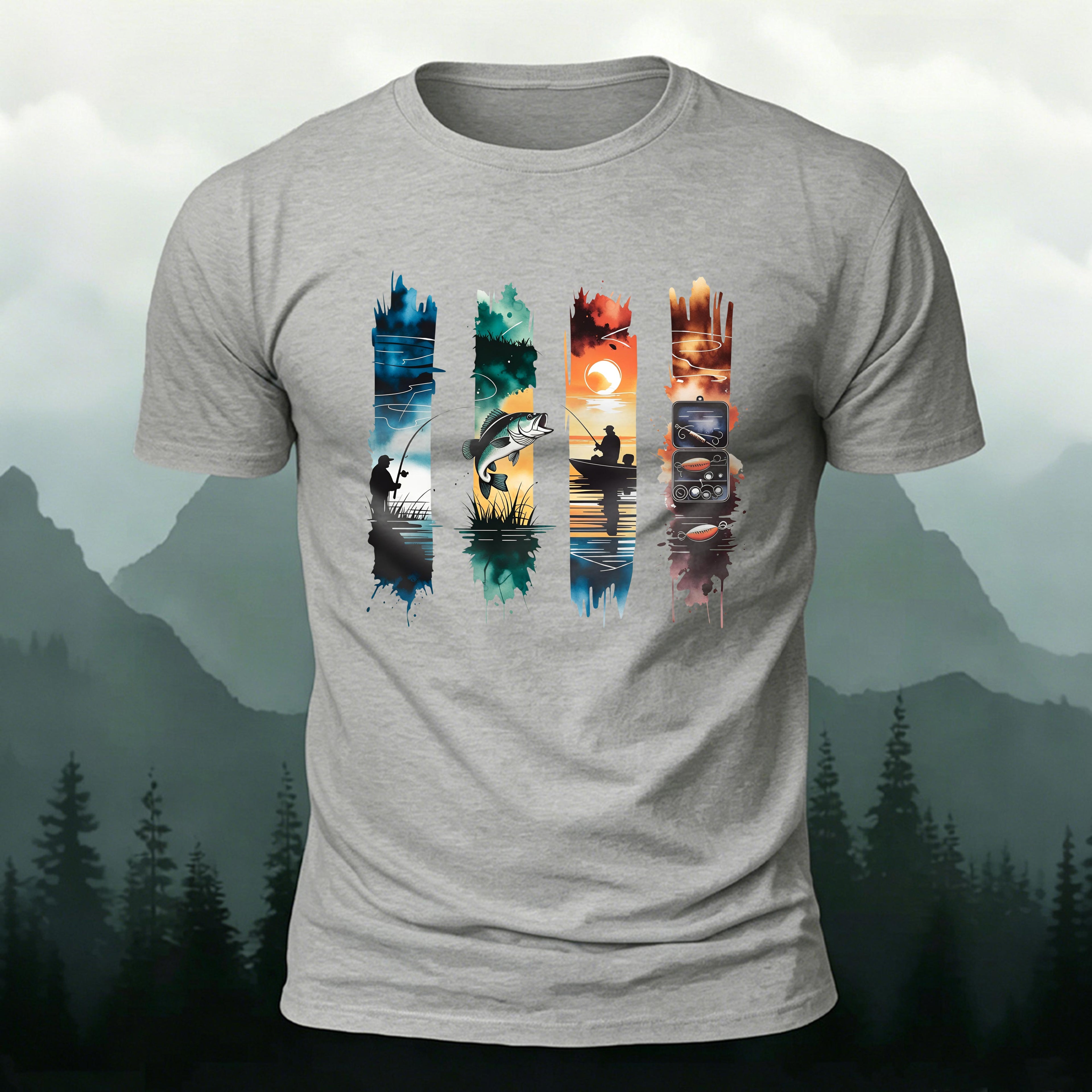 Outdoor Fishing Print Natural Style Skin-Friendly T-Shirt Grey