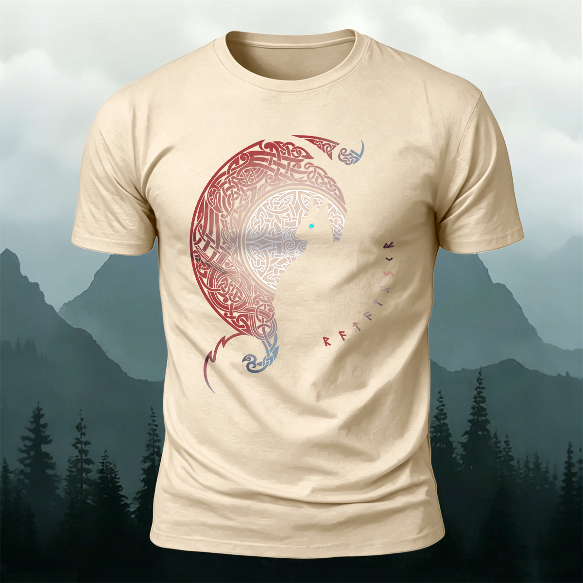 Cold-Eyed Giant Wolf Silhouette Mythical Design Cotton Tee