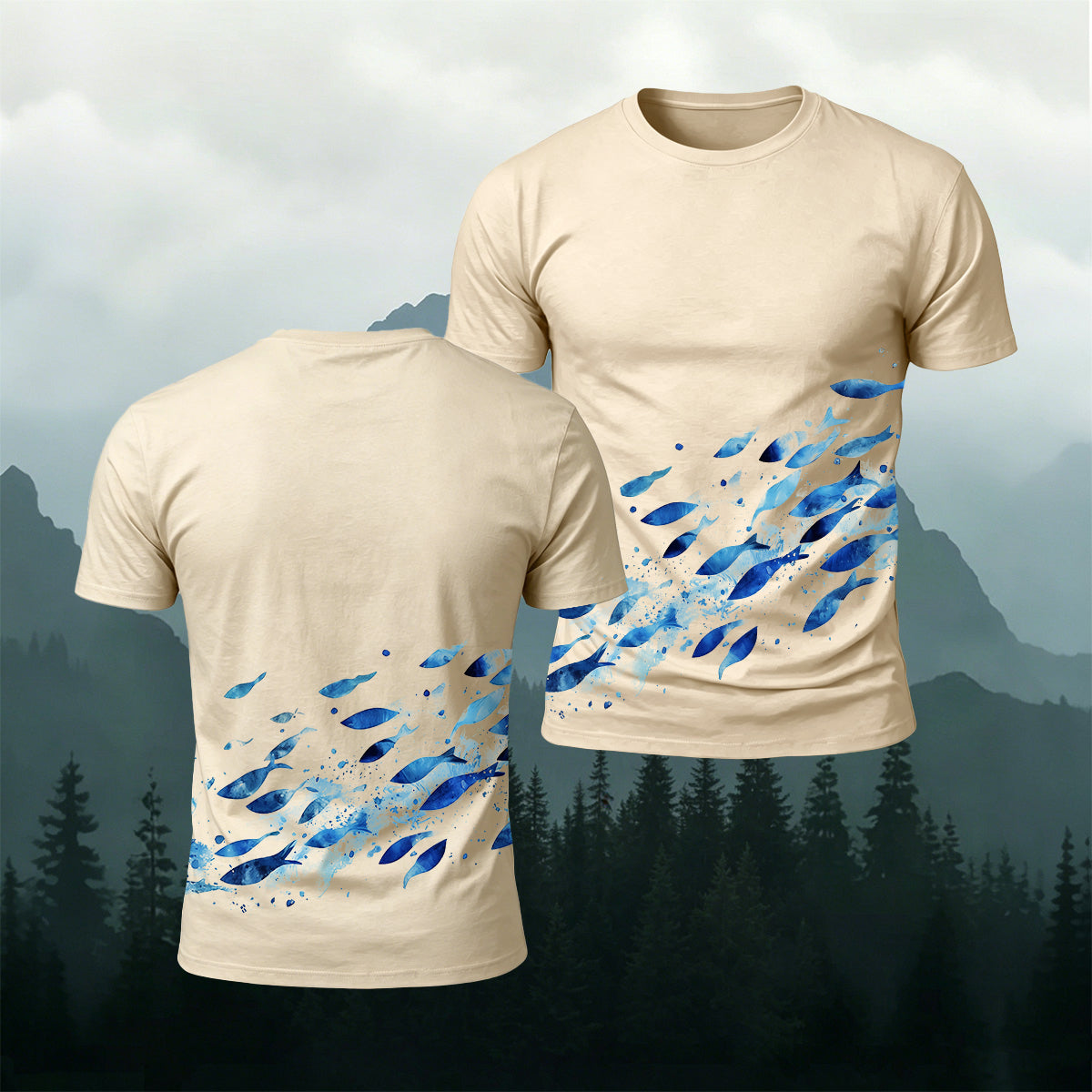 Blue Sardine Print Casual Cotton T-Shirt