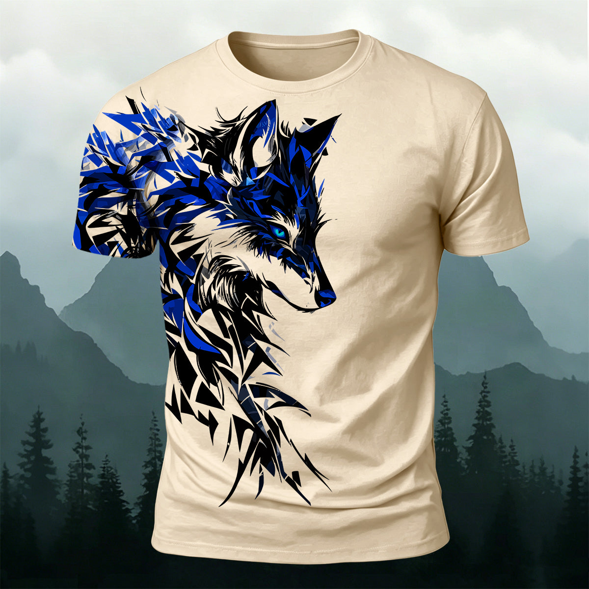 Vintage Giant Wolf Mythology Print Casual Cotton T-Shirt