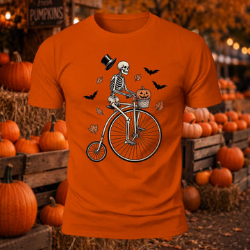 Pumpkin Skull Bicycle Rider Printed Short Sleeve T-Shirt