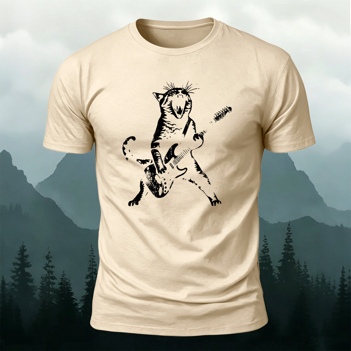 Cotton Rock ‘n’ Roll Cat Print Casual T-Shirt