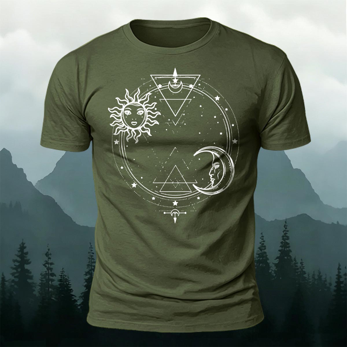 Sun and Moon Print Casual Cotton T-Shirt AMG