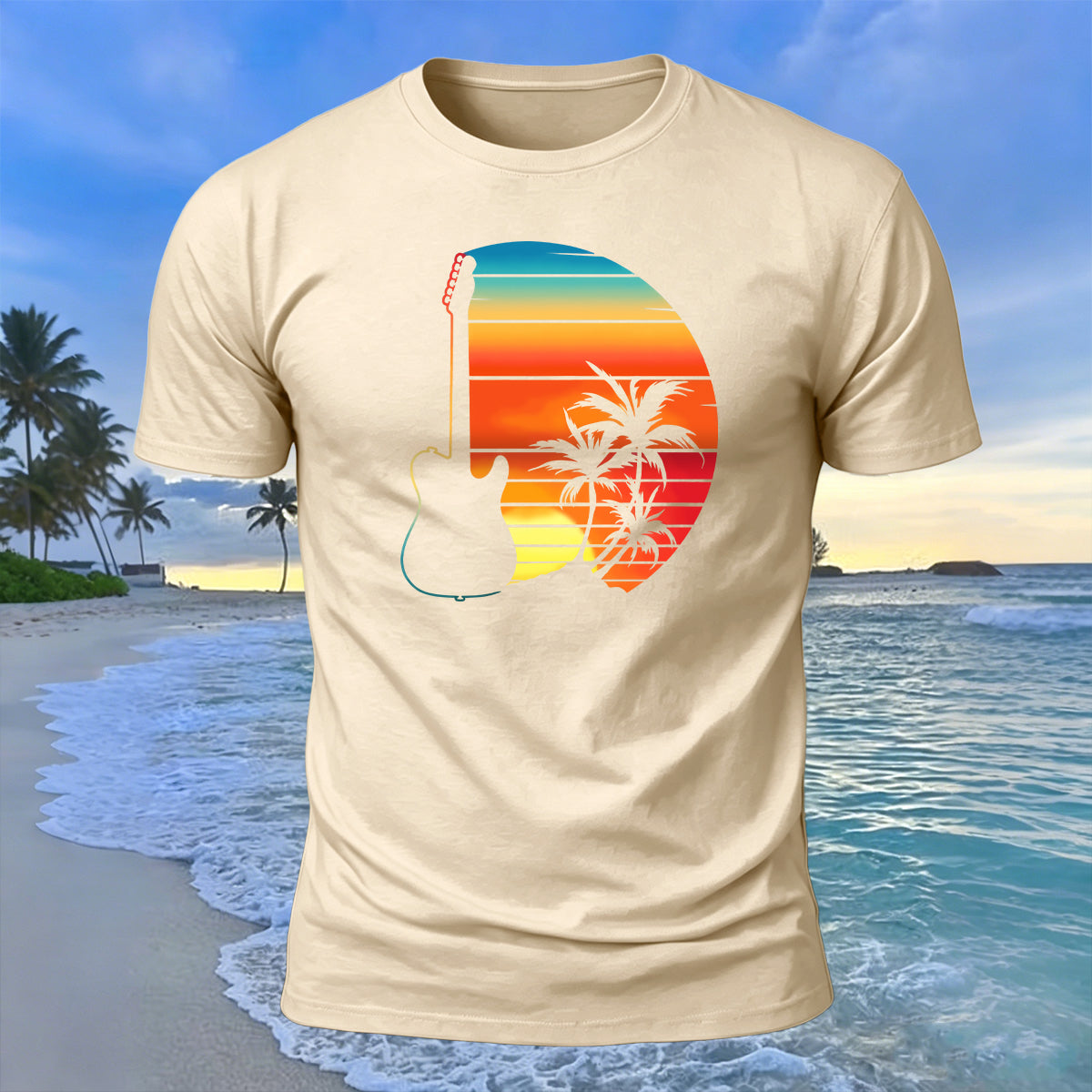 Beach Sunset Openwork Guitar Print Cotton T-Shirt Beige