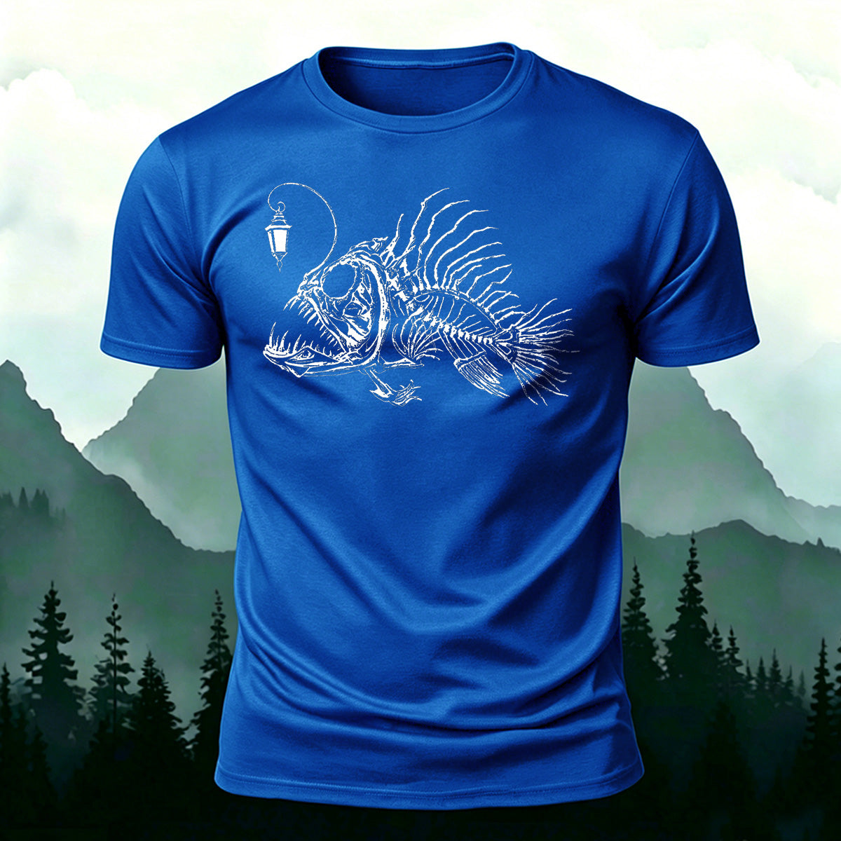 Underwater Fishbone Pattern Cotton Casual T-Shirt Blue