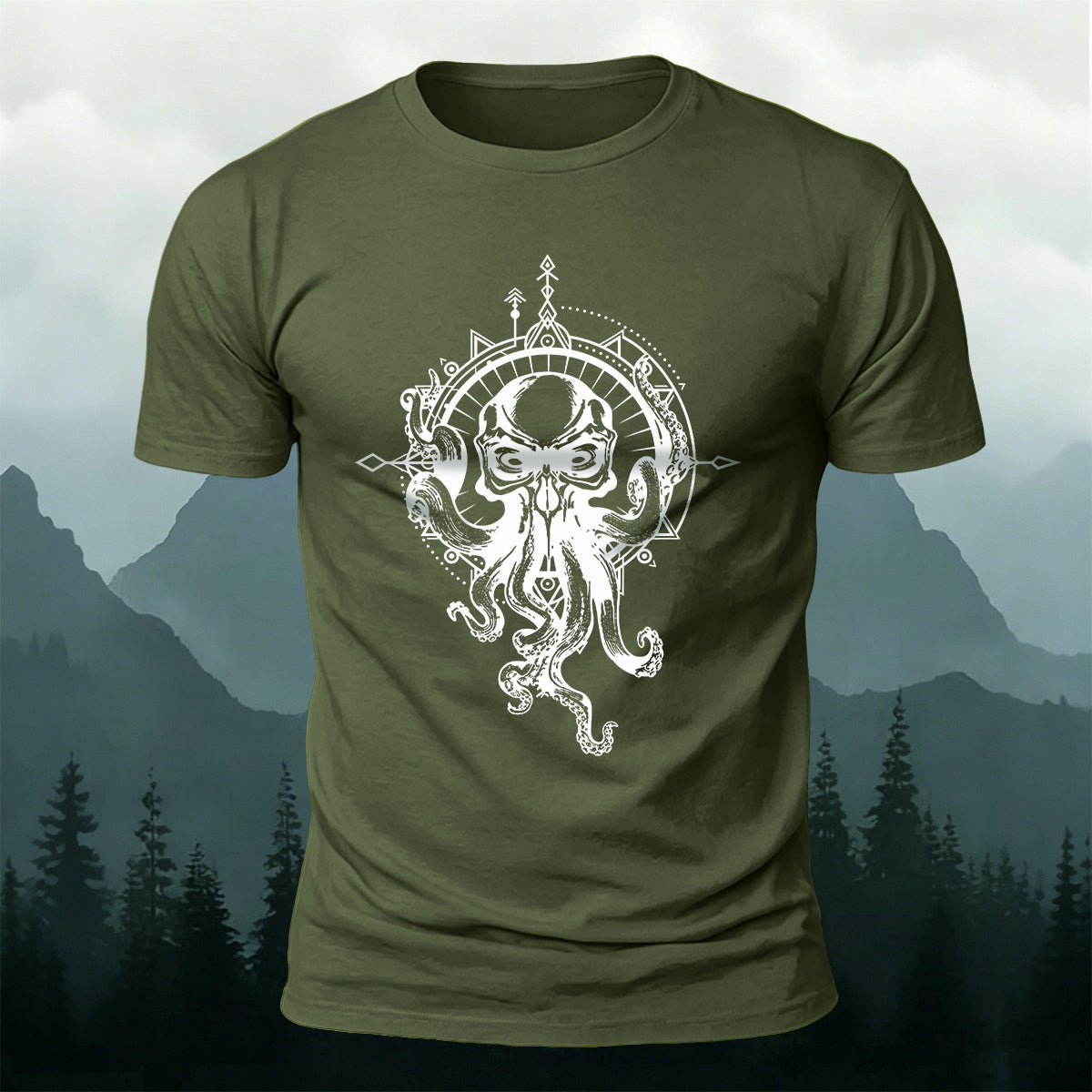 Vintage Octopus Print Outdoor Cotton T-Shirt