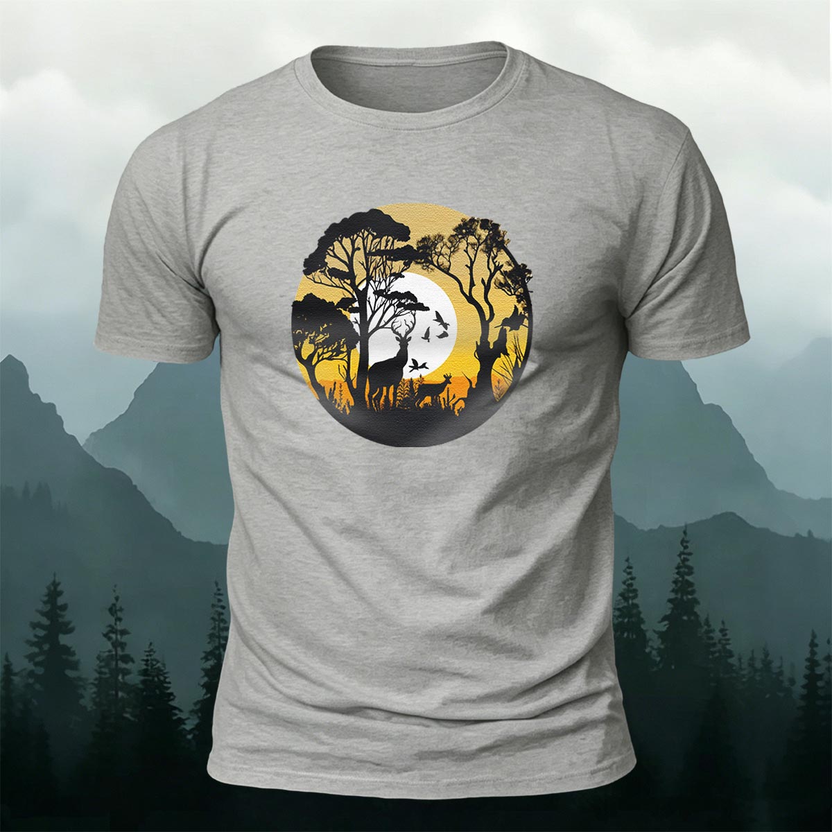 Lone Wolf in the Twilight Forest Printed Cotton Crew Neck T-Shirt