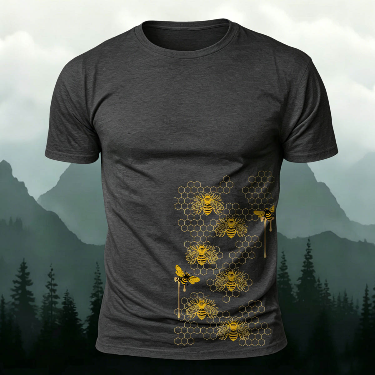 Bees Pattern Natural Casual Premium Cotton T-Shirt Dark Grey