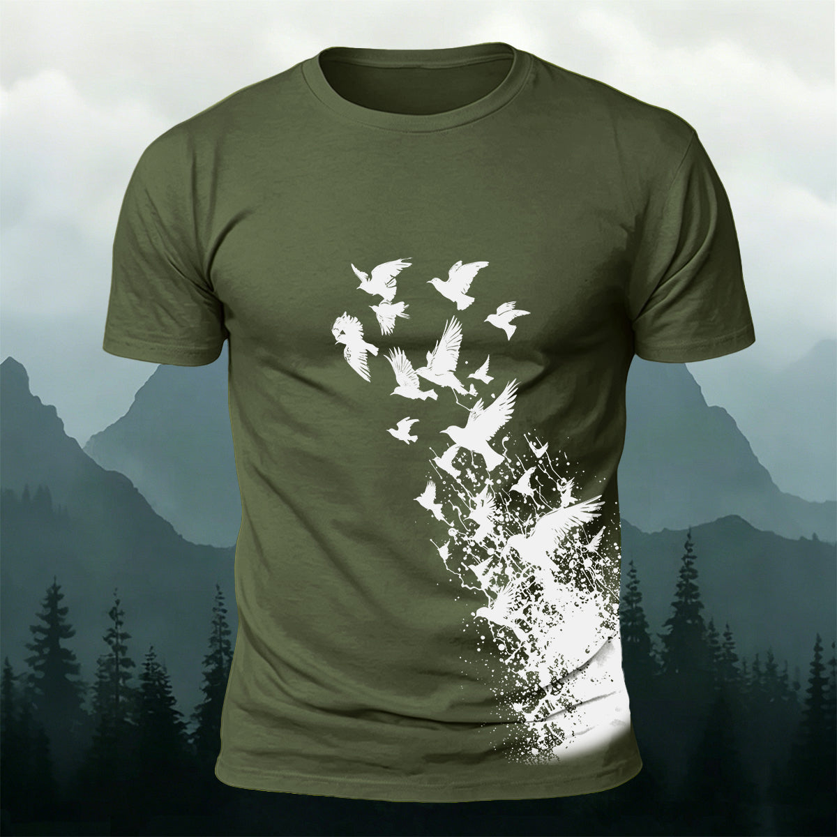 Flying Birds Print Casual 100% Cotton T-Shirt