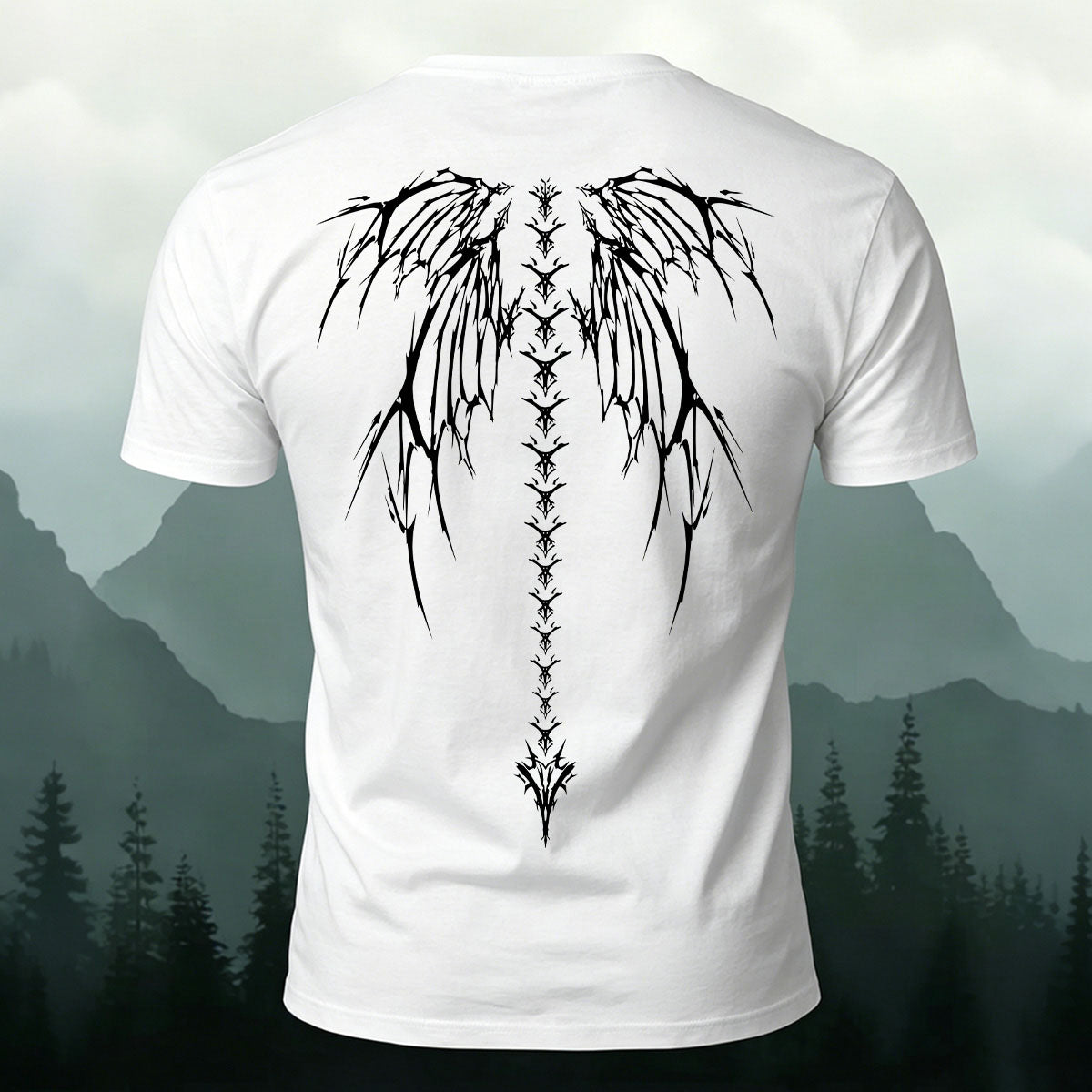 Dark-Style Devil Wings Spine Print Casual Cotton T-Shirt