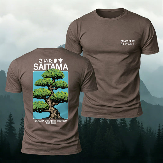 Cotton Japanese-Style Bonsai Pine Tree Print Casual Tee