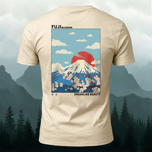 Cotton Fuji Mountain Cherry Blossom Sunset Casual Tee