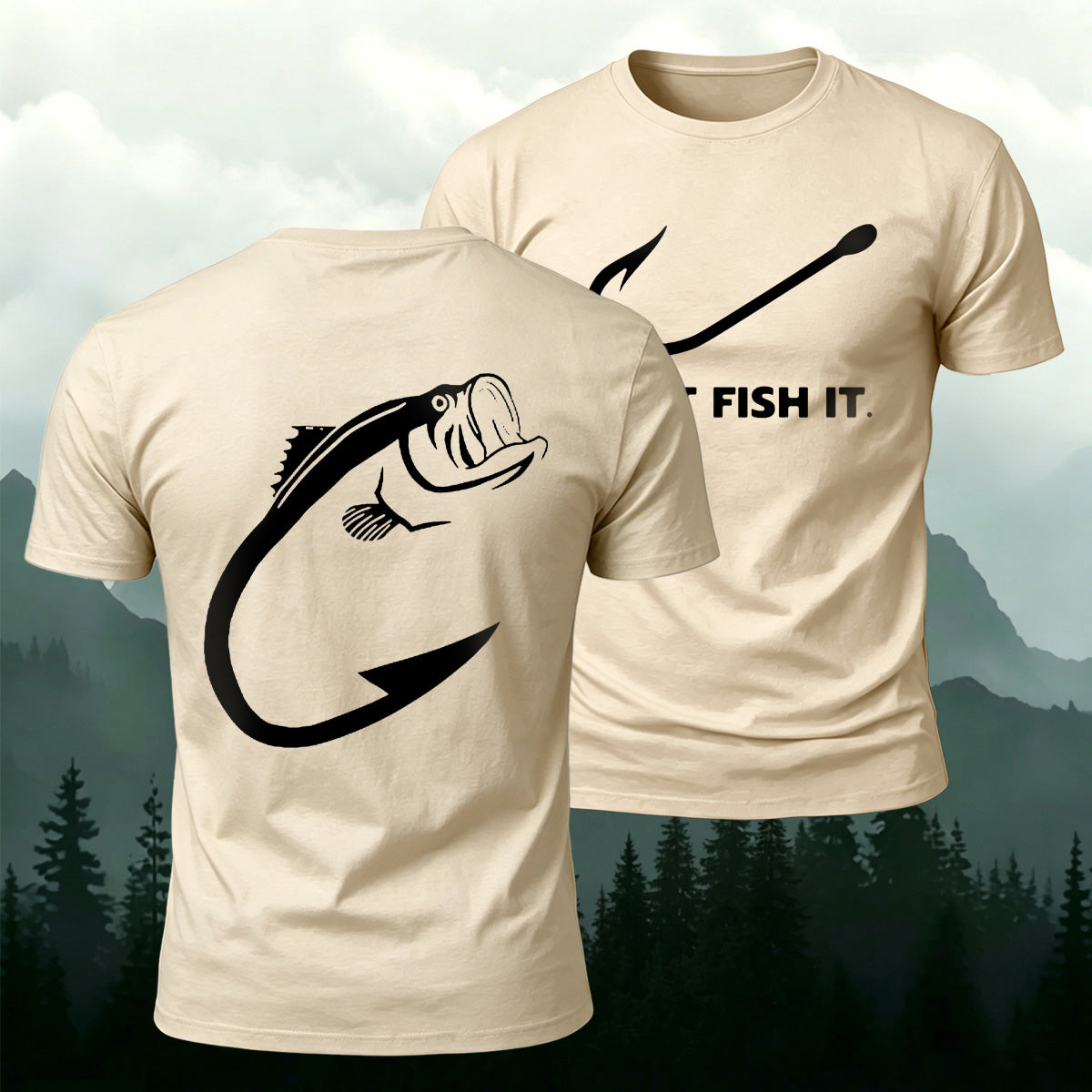 Fish and Hook Pattern Outdoor Style Casual T-Shirt Beige