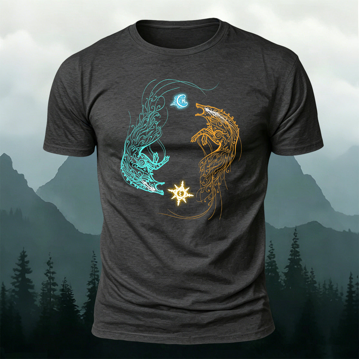 Sun and Moon Chasing Totem Print Versatile  Cotton Tee