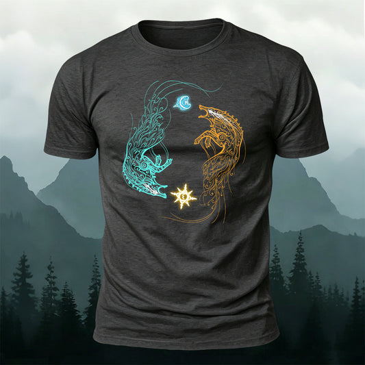 Sun and Moon Chasing Totem Print Versatile  Cotton Tee