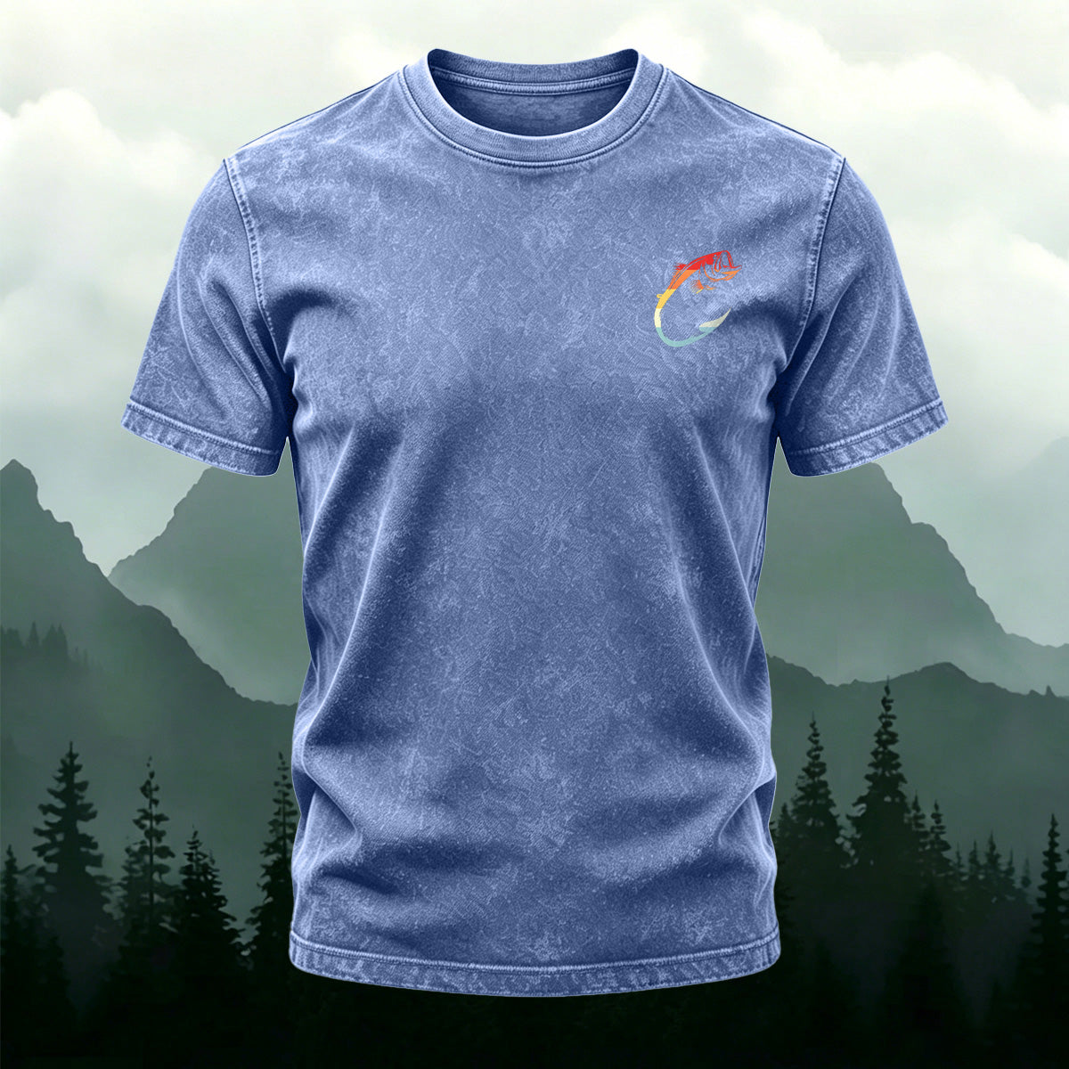 Fish Pattern Minimalist Style Washed Cotton Casual T-Shirt Deep Blue