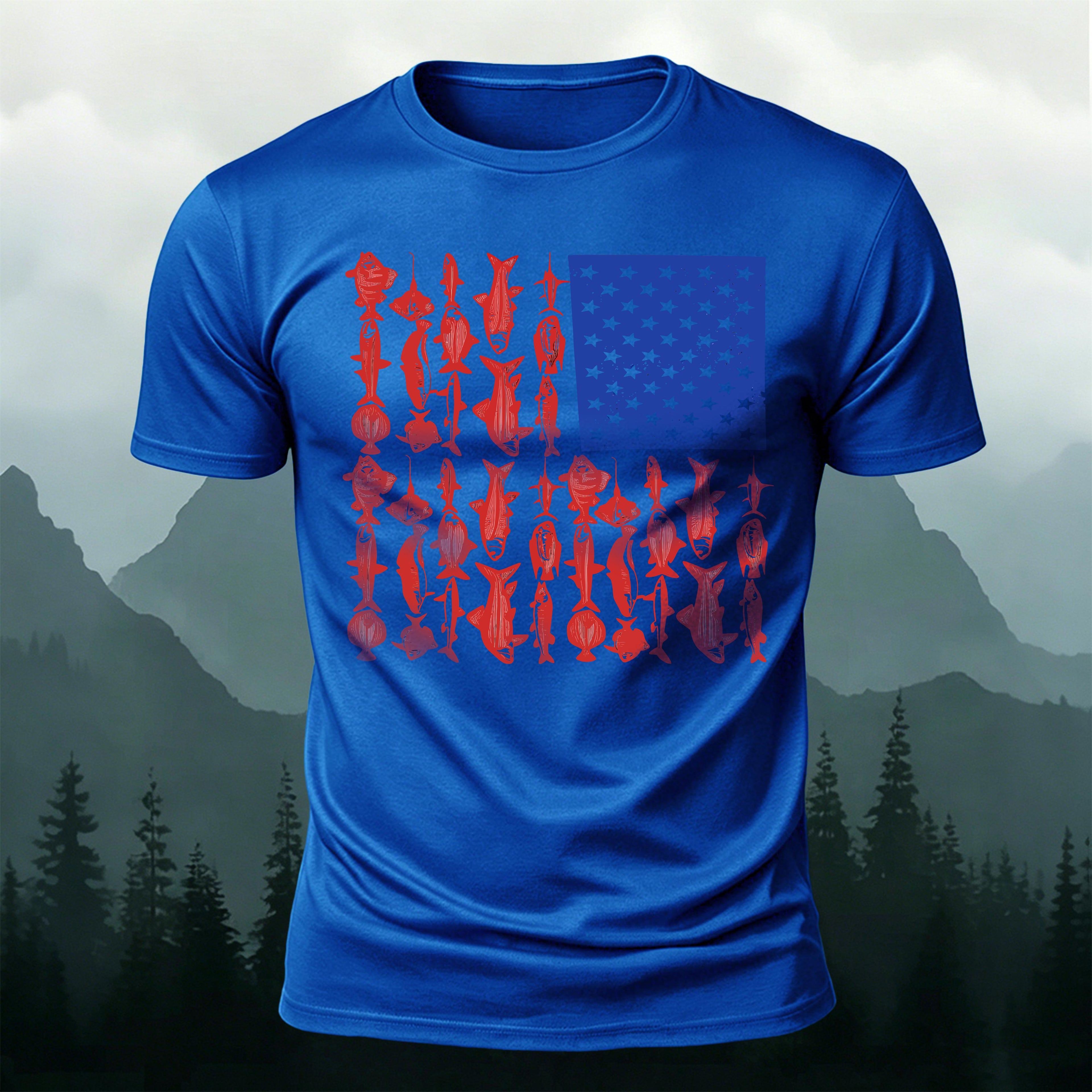 Fishes Pattern Soft-touch Feel Casual T-shirt Blue