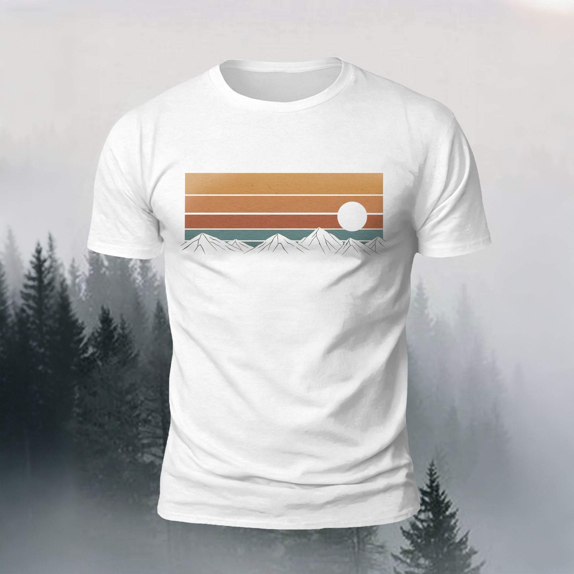 Sunset Mountain Forest Painting Printed Casual T-Shirt