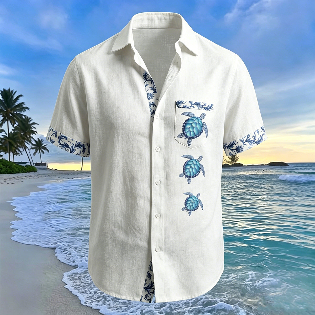 Simple Turtle-Print Beach Vacation Shirt White 2