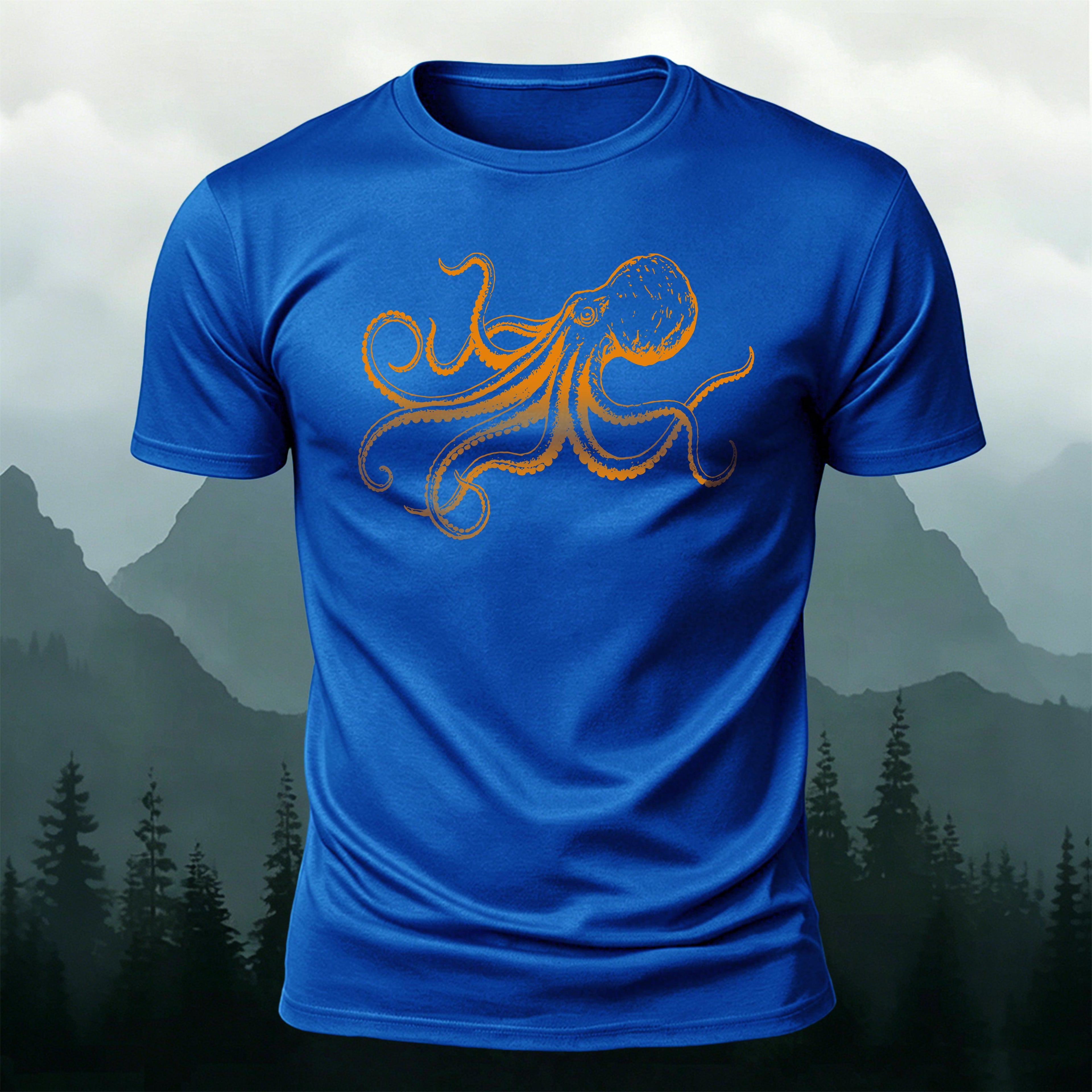 Octopus Minimalist Pattern Breathable Material Casual T-Shirt Blue