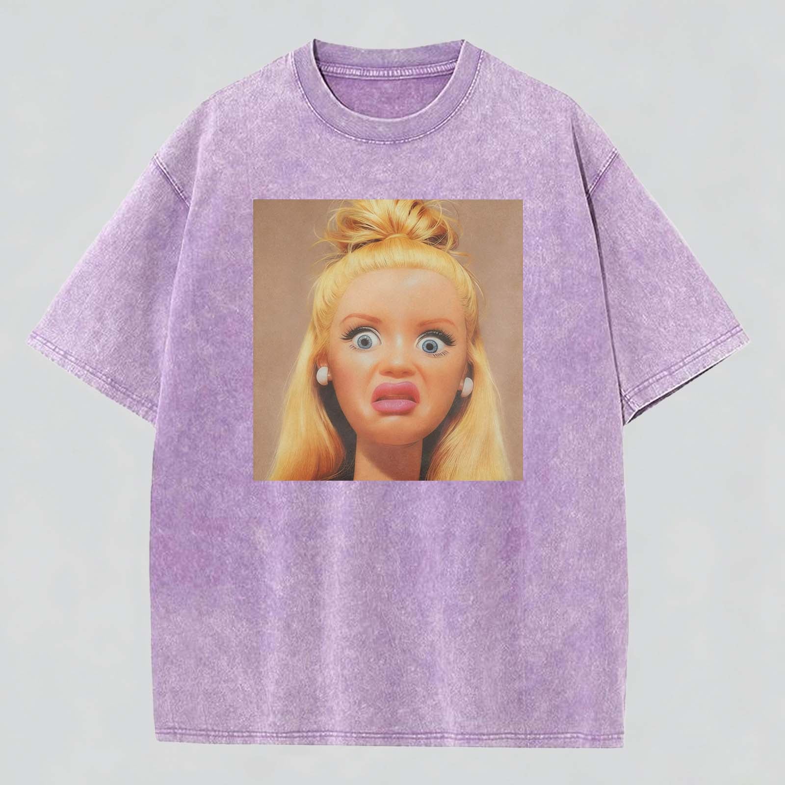 Shocked Face Print Washed Cotton Crew Neck T-Shirt