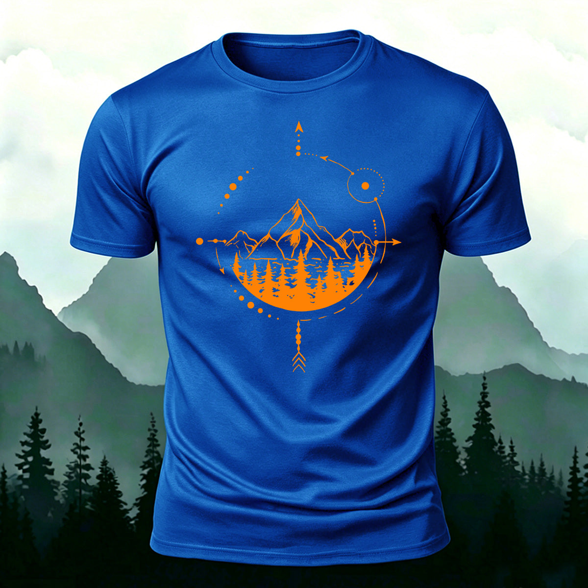 Mountain and Forest Print Combed Cotton Casual T-Shirt