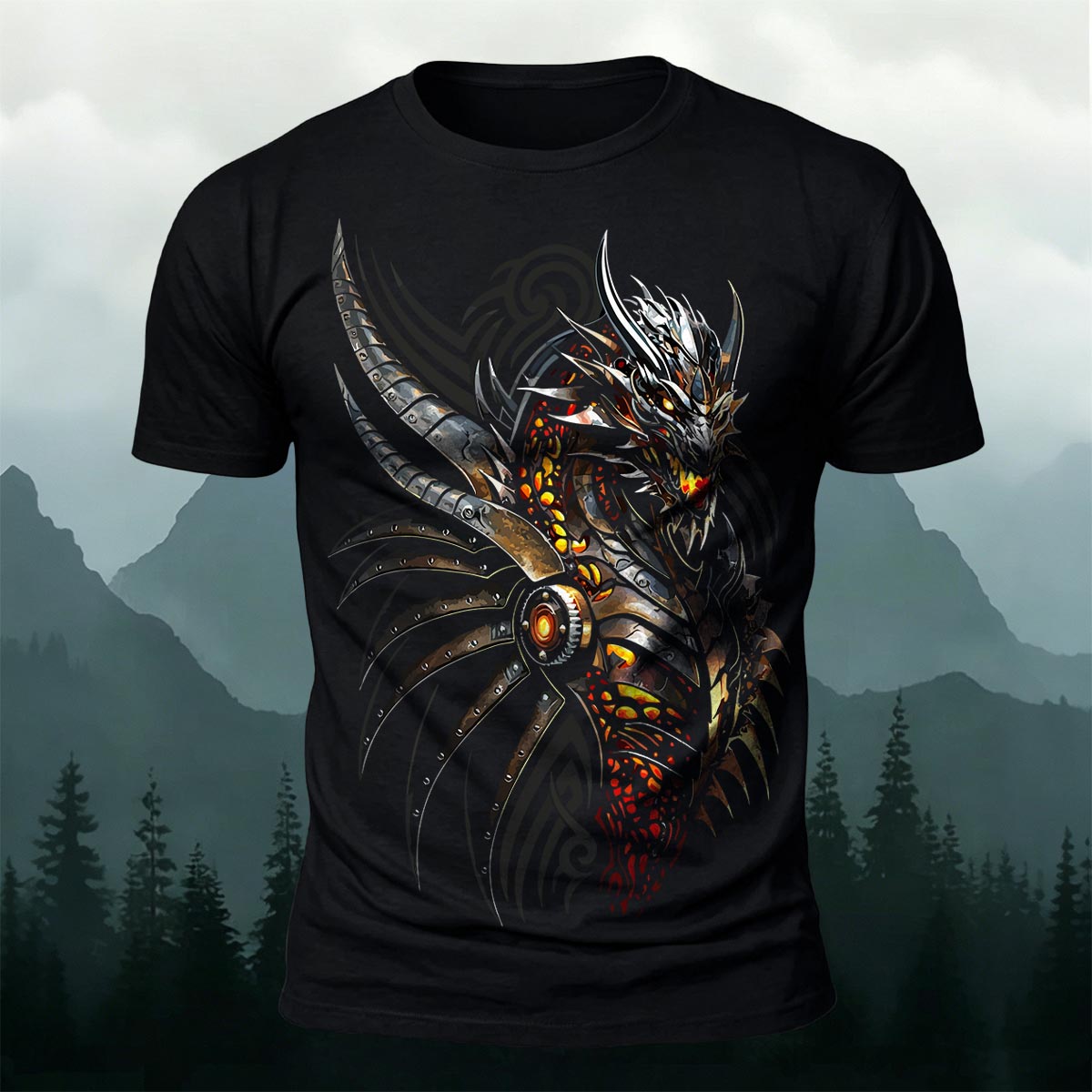Dark Mechanical Dragon Elemental Cotton Casual T-Shirt