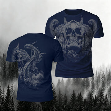 Sublimation-Printed Dark Skeleton Print Fitted Crew-Neck T-Shirt