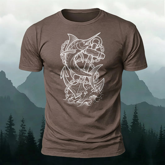 Soft Cotton Retro Tattoo Fish-Print Casual T-Shirt