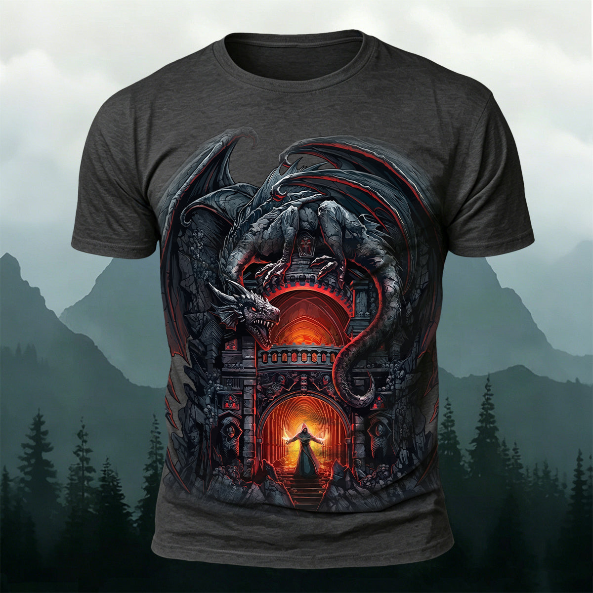 Dark Demon Dragon Print Vintage Casual T-shirt