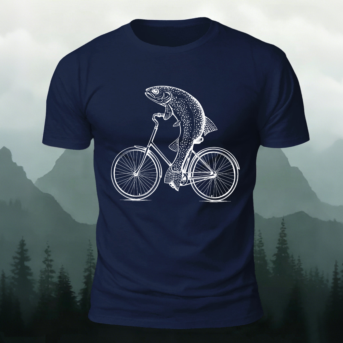 Fish Riding Bicycle Fun Pattern Cotton Casual T-Shirt Navy