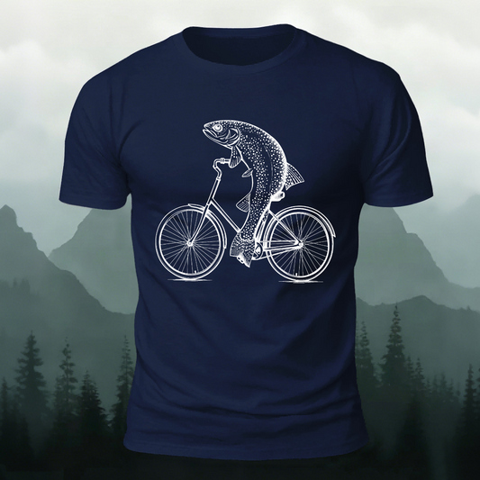 Fish Riding Bicycle Fun Pattern Cotton Casual T-Shirt Navy