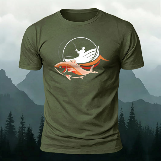 Soft Cotton Fishing-Themed Colorful Silhouette Print T-shirt