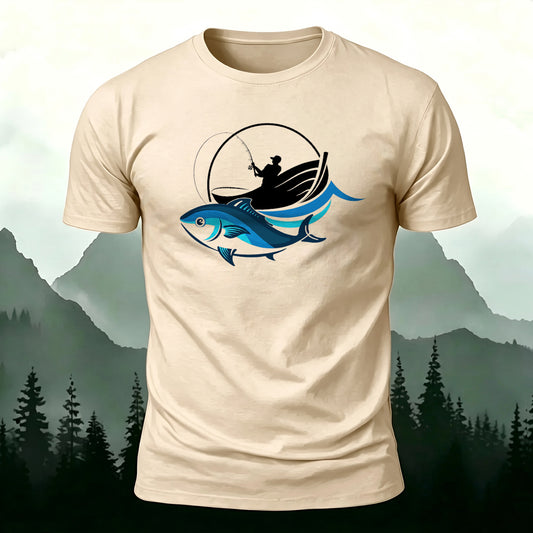 Soft Cotton Fishing-Themed Colorful Silhouette Print T-shirt