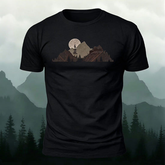Mountain Landscape Pattern Natural Style Casual T-Shirt Black