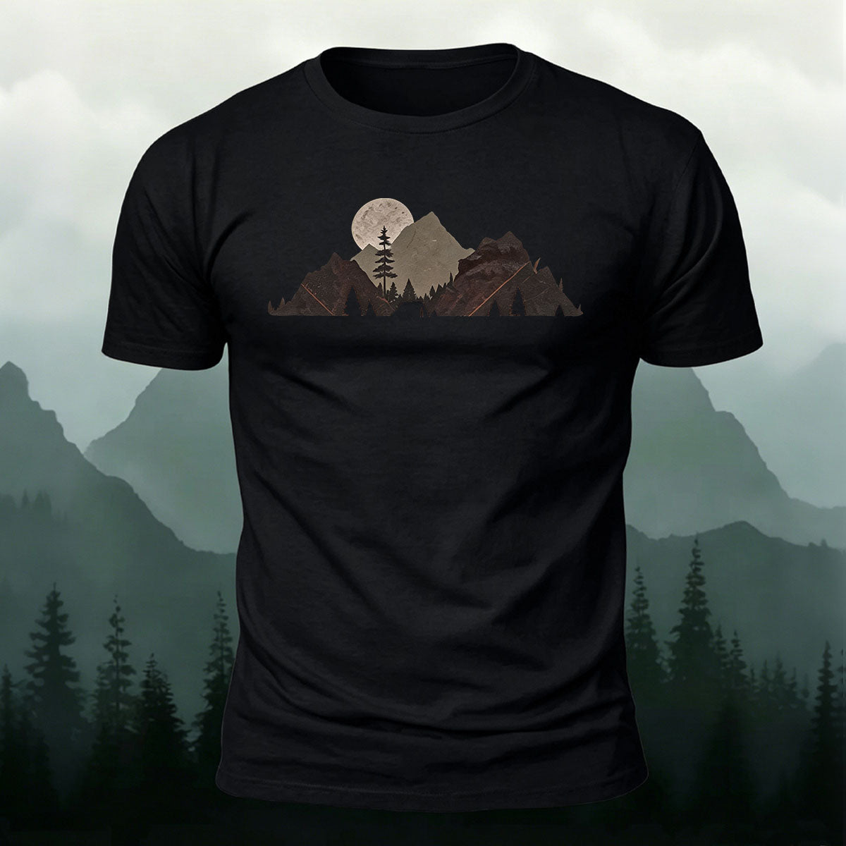 Mountain Landscape Pattern Natural Style Casual T-Shirt Black