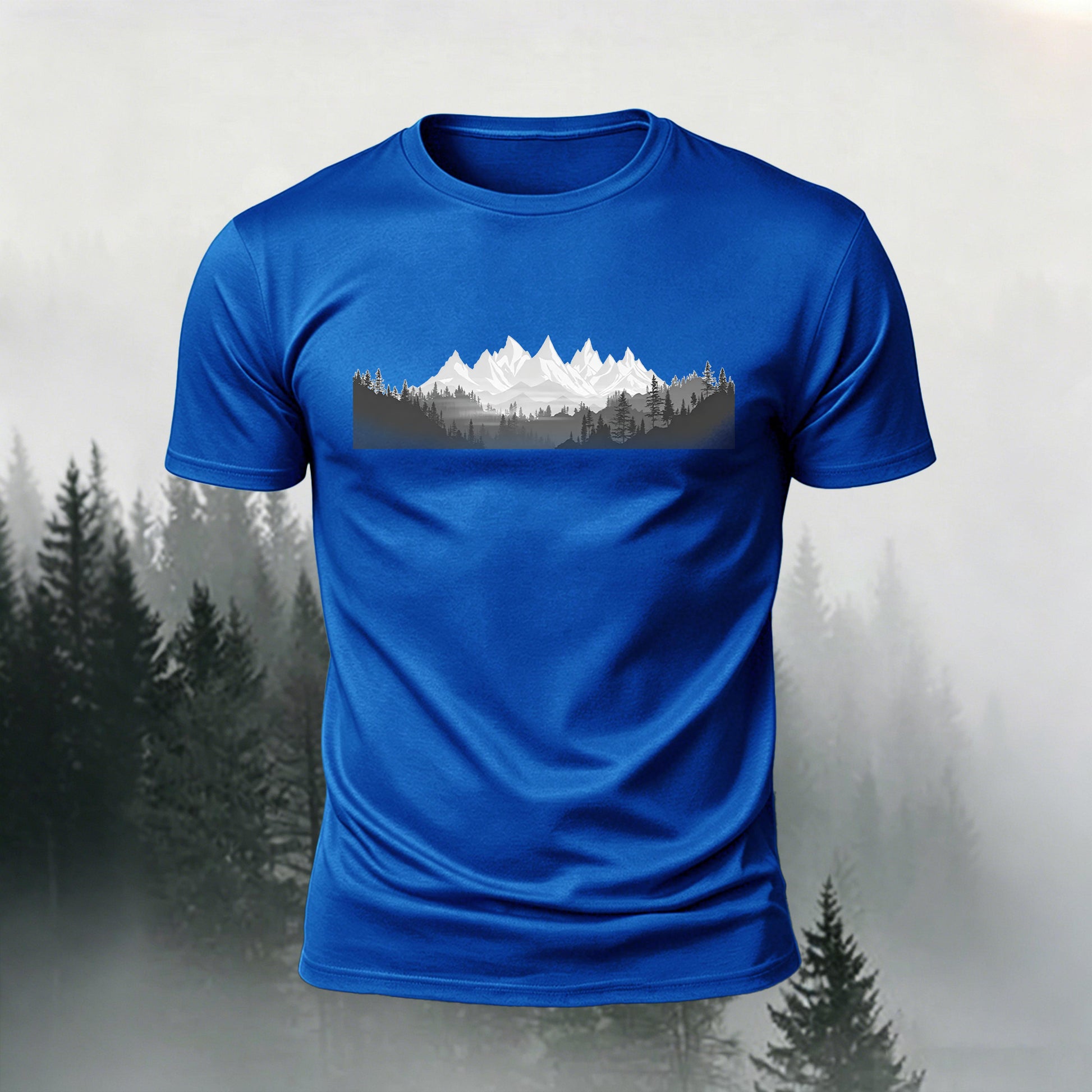 Mountain Forest Print Casual Comfortable T-Shirt Blue