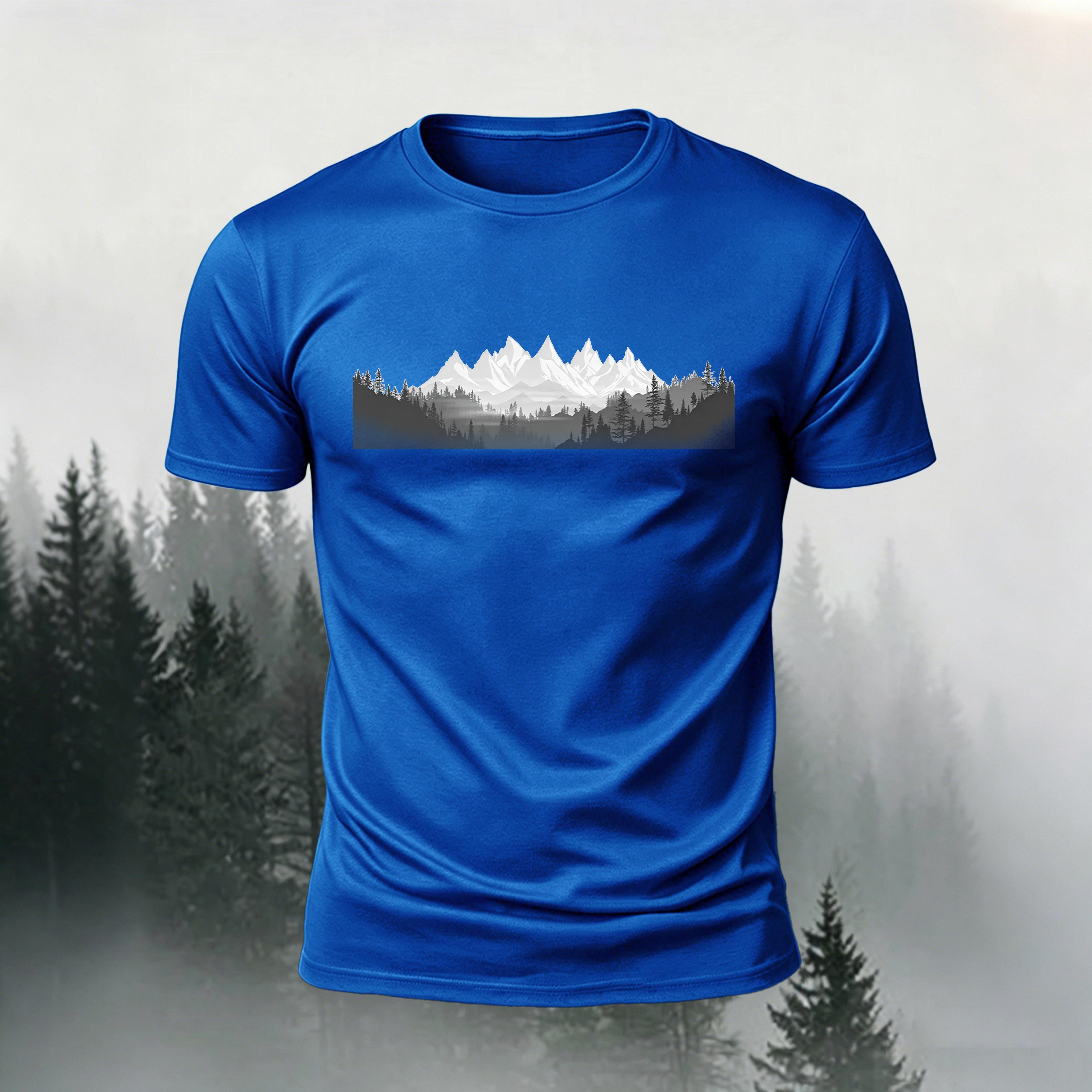 Mountain Forest Print Casual Comfortable T-Shirt Blue
