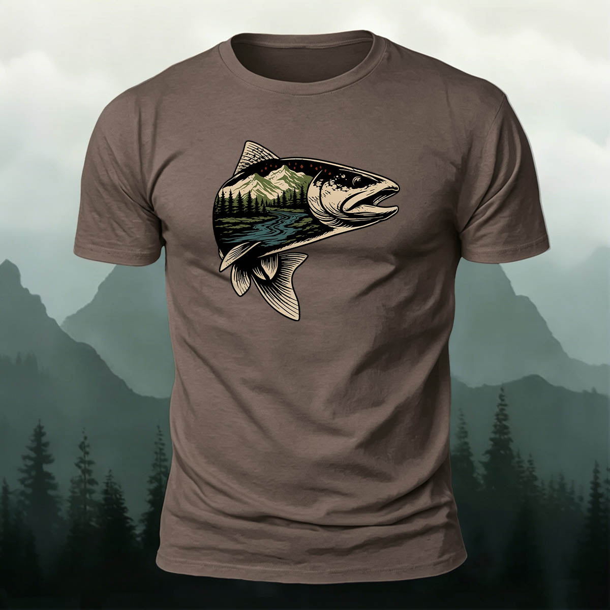 Trout Scenic Pattern Simple Casual Cotton T-Shirt