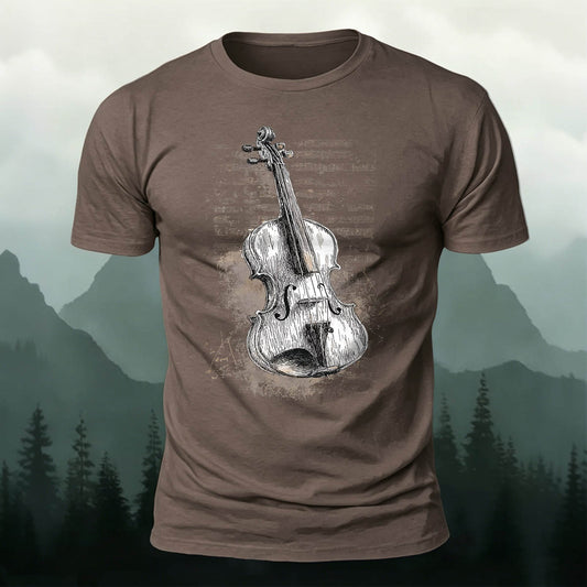 Cotton Distressed Guitar Print Fitted Crew-Neck T-Shirt