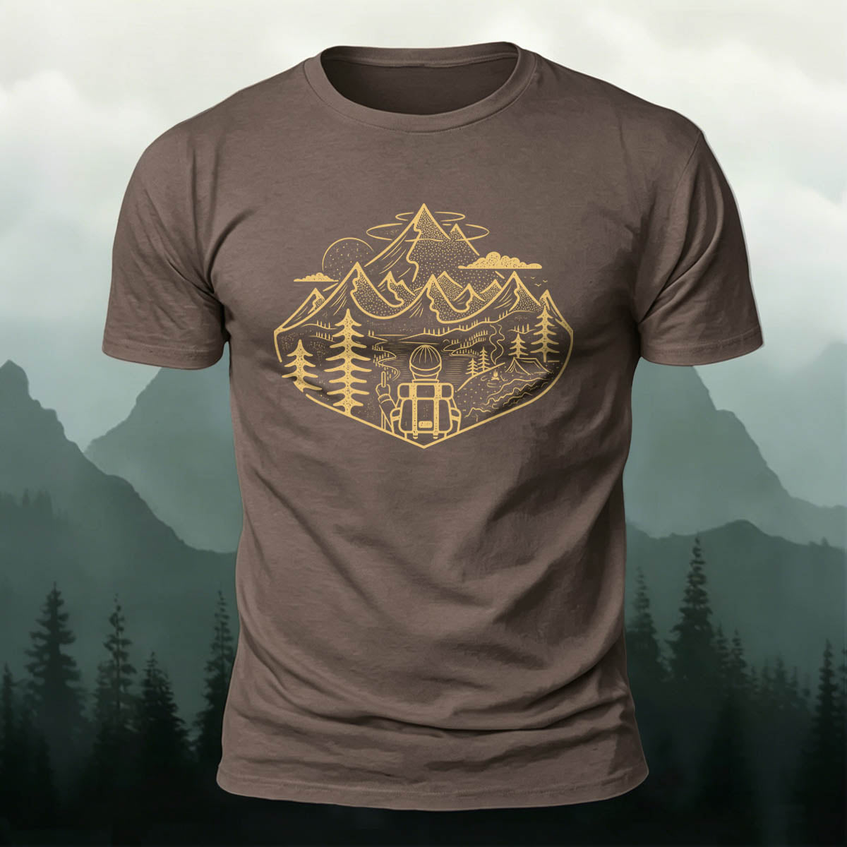 Mountain Adventure Sketched Art Print Outdoor Cotton Tee