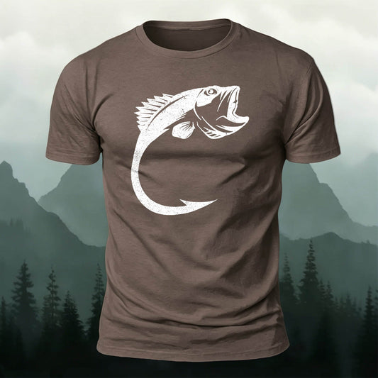 Combed Cotton Fishing Silhouette Print Versatile T-Shirt