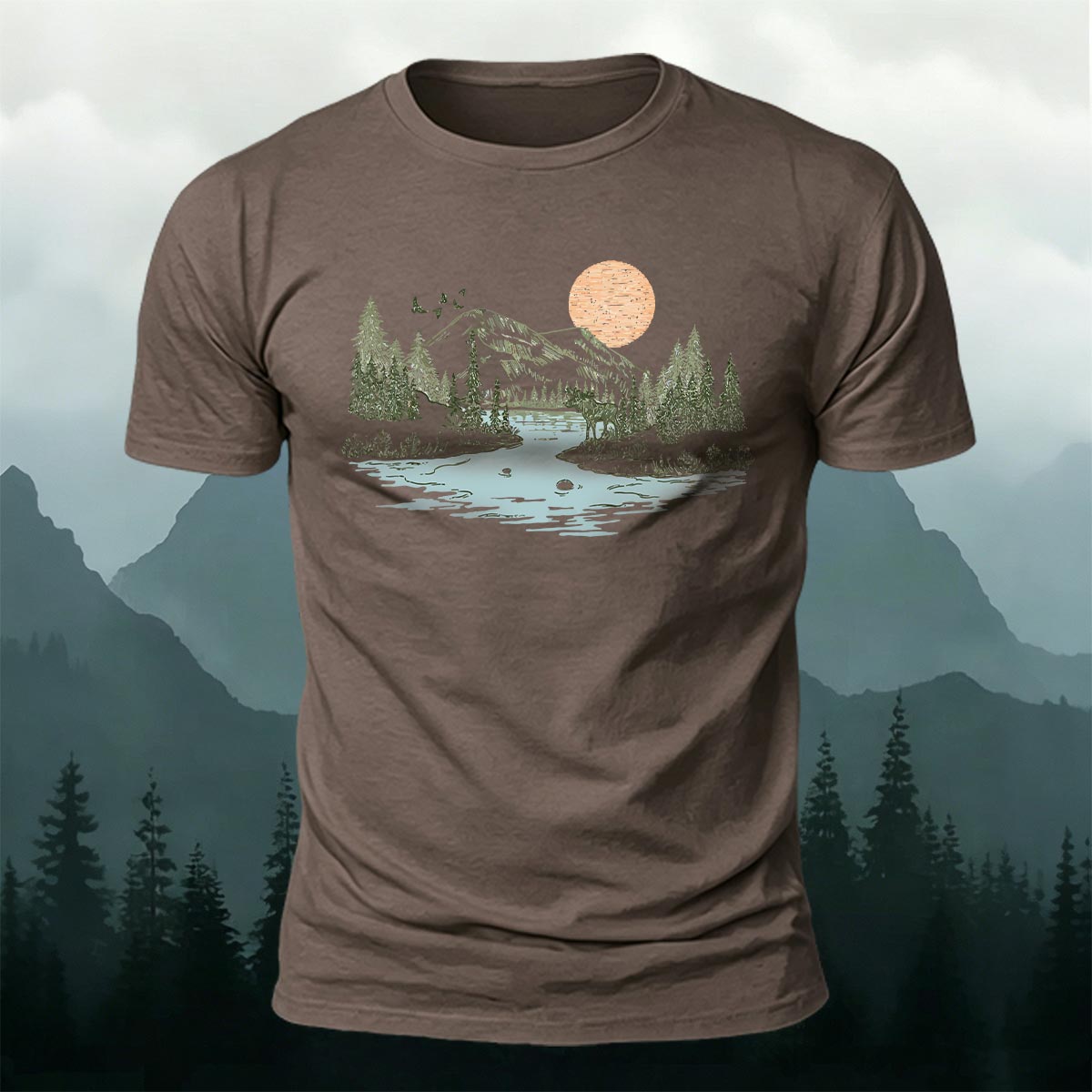 Sunrise Mountain Scenery Illustration Print Casual Cotton T-Shirt
