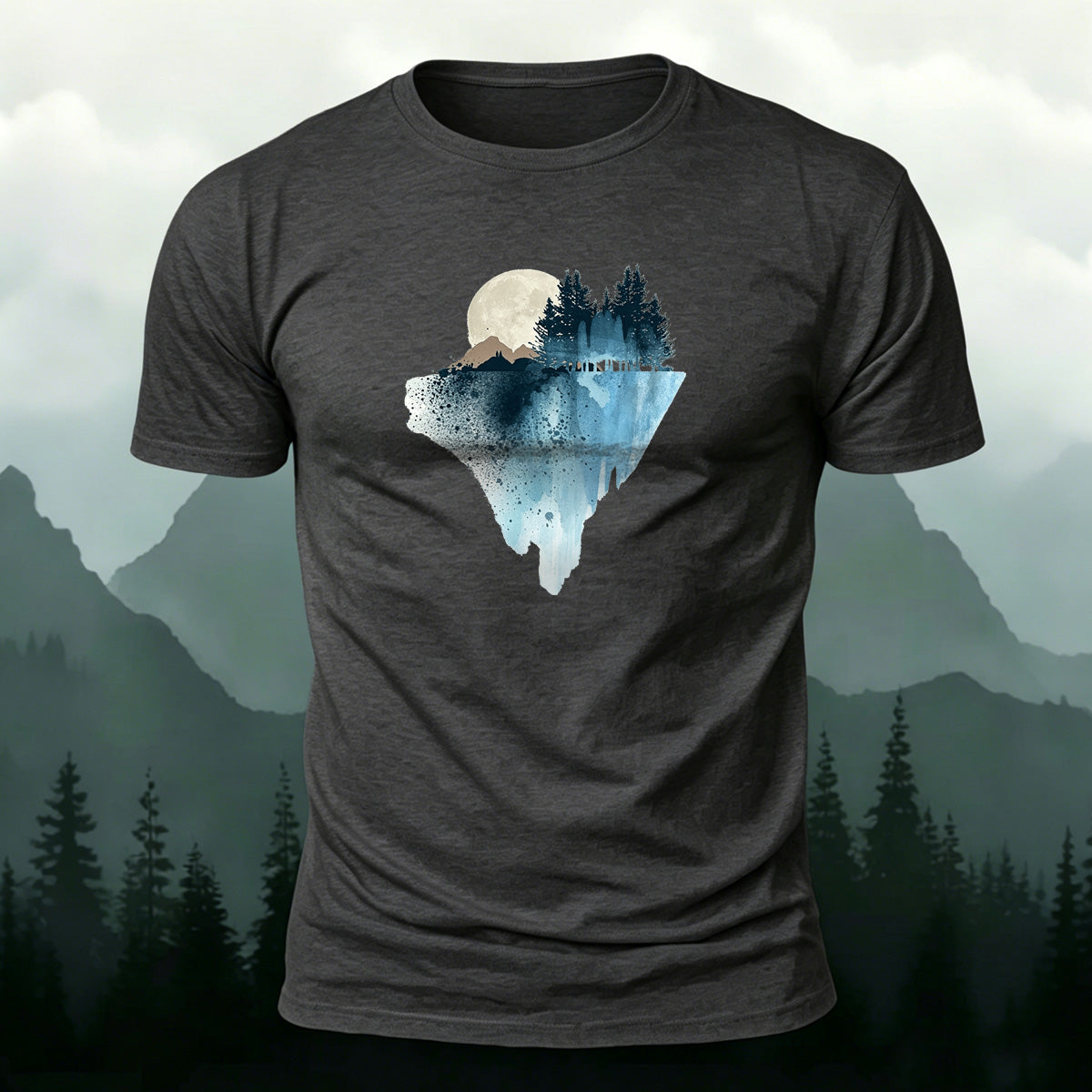 Natural Scenery Print Breathable Material Casual T-Shirt Dark grey