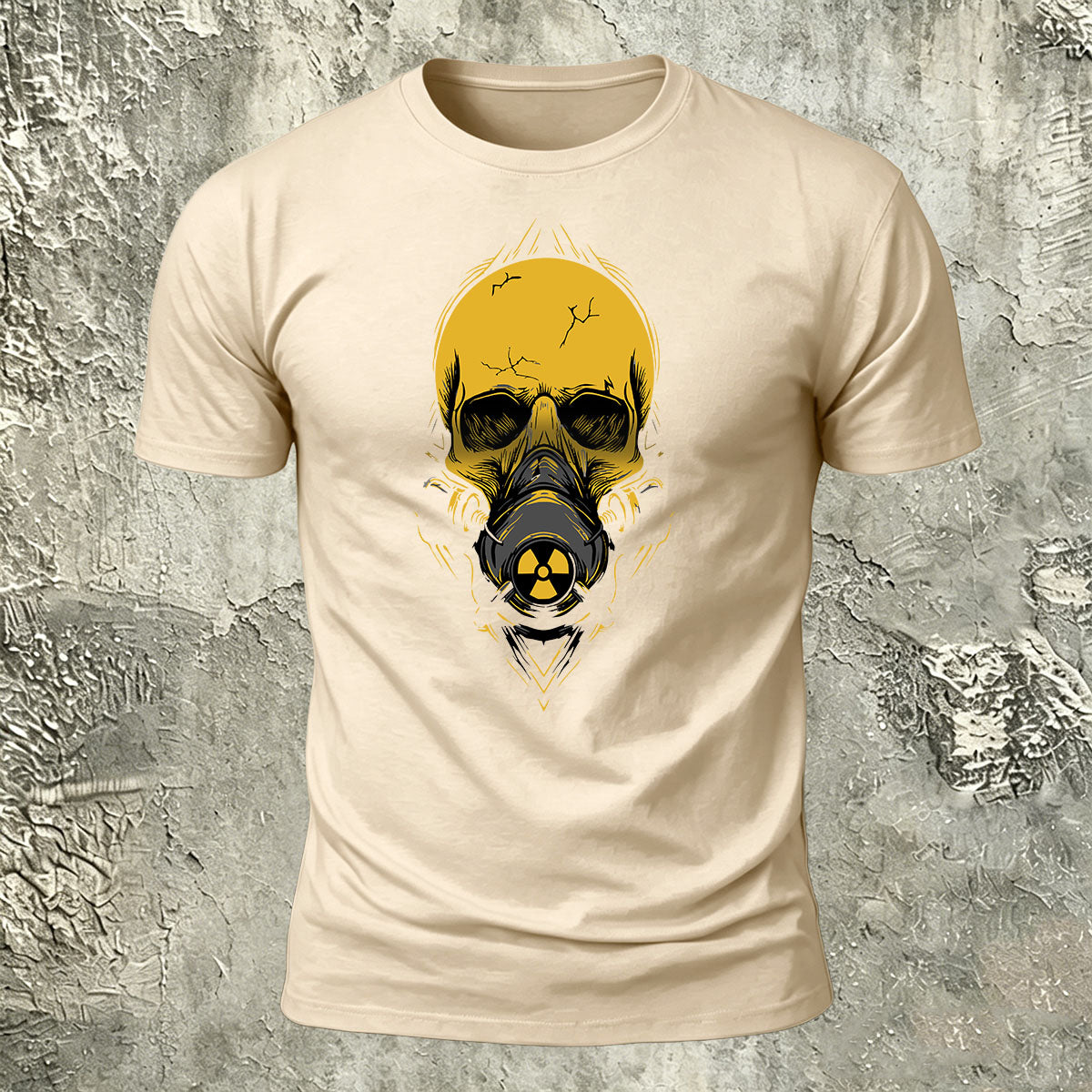 Gas Mask Skull Print Cotton Crew Neck T-Shirt Beige