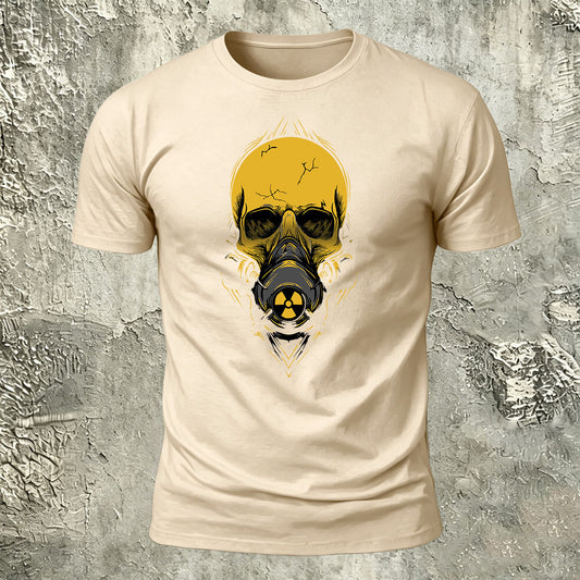 Gas Mask Skull Print Cotton Crew Neck T-Shirt Beige